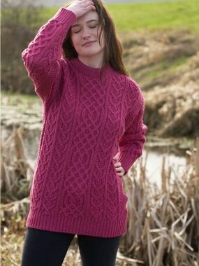 Mars UK MADE - 100% British Wool Fisherman Aran Cable Sweater in Bright Berry